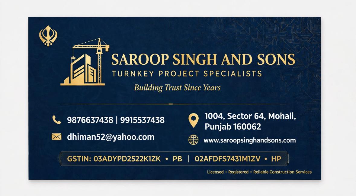 Saroop Singh and Sons business card: Turnkey Project Specialists, with phone, email, address and GST numbers.