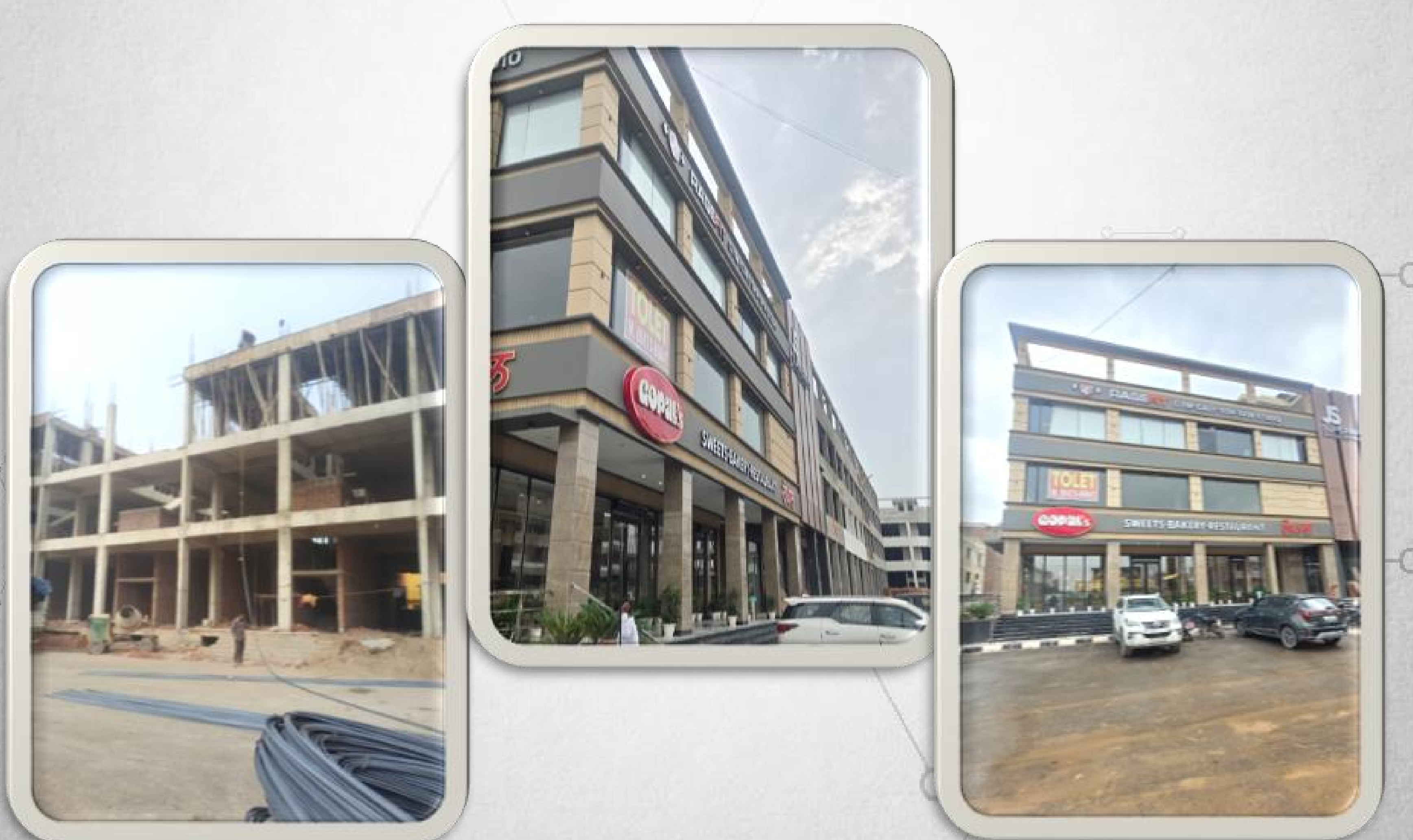 Dazz Mart commercial complex in Shivalik City, Kharar — under construction and after fit-out with retail tenants.